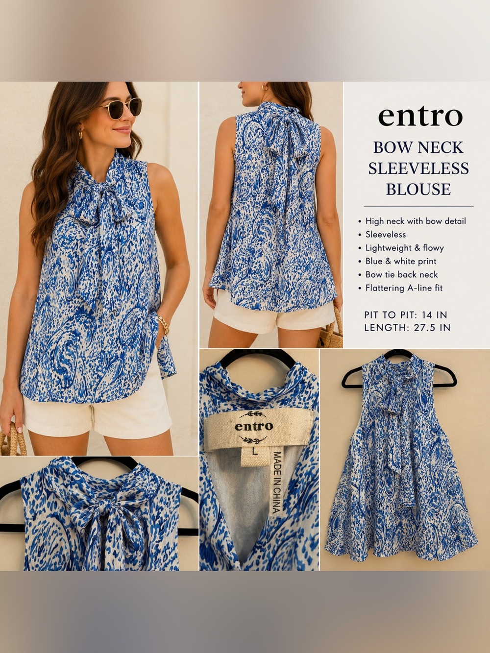 ✨ Entro Blue & White Bow Back Sleeveless Blouse | Coastal Chic | Size Large ✨